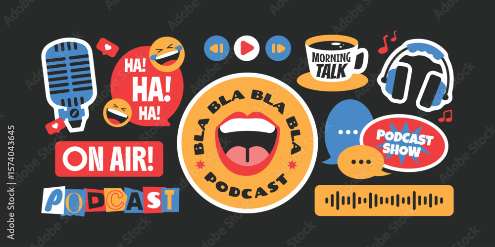 Naklejka premium Podcast element stickers, patchs, badges. Headphones, microphones, chat, recording on black background.