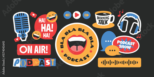 Podcast element stickers, patchs, badges. Headphones, microphones, chat, recording on black background.