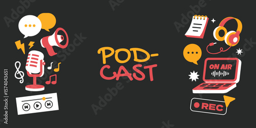 Podcast element stickers, patchs, badges. Headphones, microphones, chat, recording on black background.