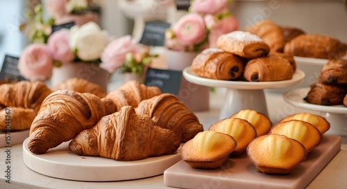 Delectable Assortment of Freshly Baked Croissants, Pastries, and Madeleines