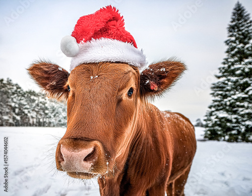 braunes Angusrind mit Weihnachtsmütze in Winterlandschaft