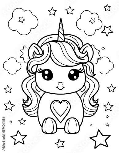 black and white cartoon illustration of  cute unicorn