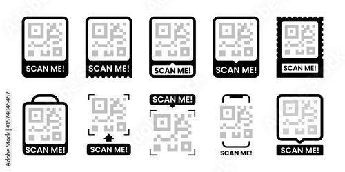 Scan Me. QR code set. Scan QR code icon. Template scan me QR code for smartphone. Payment , QR code for mobile app, payment and phone. Black and White Vector Badge