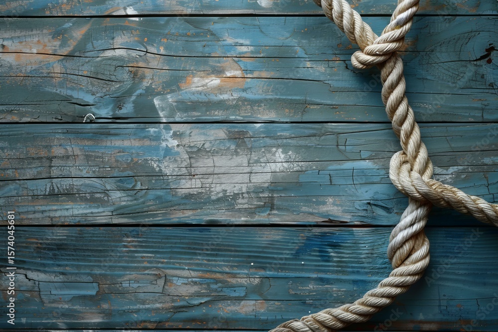 Obraz premium Ship rope on old painted wooden planks forming a nautical background with copy space