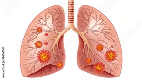 Illustration showing lungs with coronavirus infection and respiratory system anatomy created with generated ai