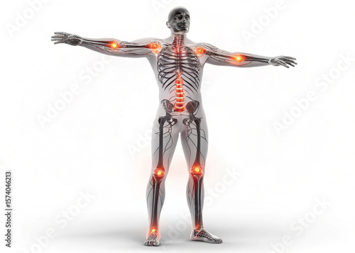 Anatomical illustration of human body with highlighted joints and skeletal structure shown in detail created with generated ai