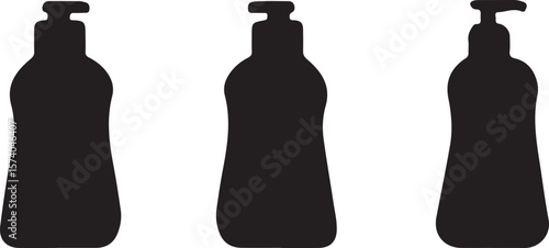 Pump Bottle Silhouette Trio – Minimal Personal Care Packaging Icons for Cosmetic & Hygiene Design Assets