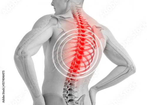 Anatomical illustration of a male torso highlighting the spine with pain indication and radiating circles created with generated ai