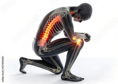 Anatomical illustration of kneeling figure with highlighted spine and joint inflammation showing pain created with generated ai