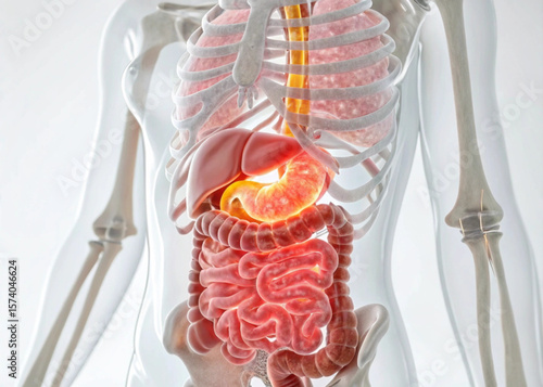 Anatomical illustration showing the human digestive system and skeletal structure in detail view created with generated ai