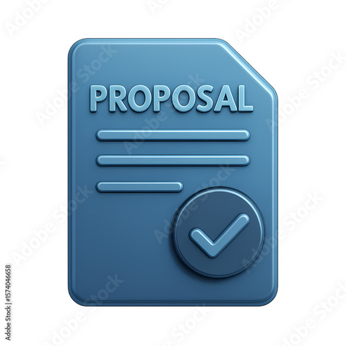 3D blue proposal document icon with checkmark in glossy style. Ideal for business pitches, submissions, contracts, and corporate approvals