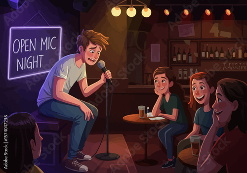 A nervous comedian performing at a cozy Open Mic Night.