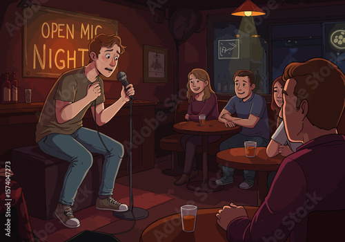 A nervous comedian performing at a cozy Open Mic Night.