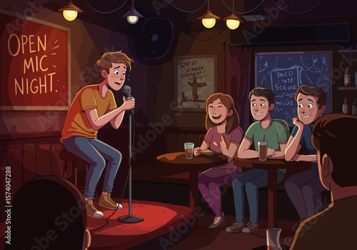 A nervous comedian performing at a cozy Open Mic Night.