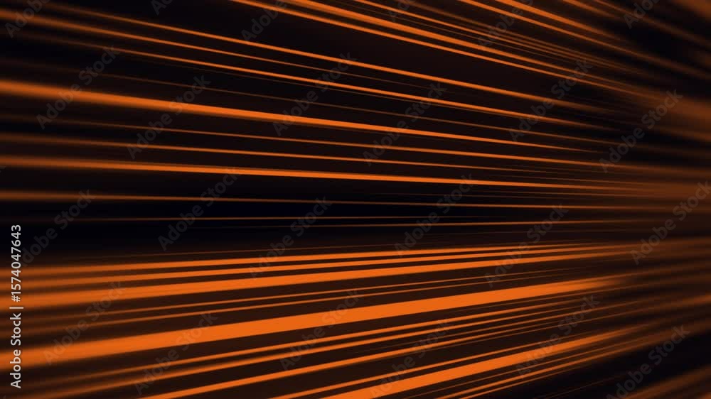 Bright orange neon lines running parallel to each other on a dark background. Light bars or lasers moving through space.