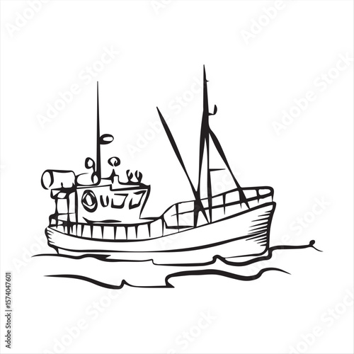 Fishing trawler on the waves silhouette design for industrial fishing
