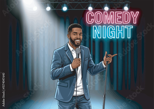 A confident male comedian owning the stage during a stand-up performance.