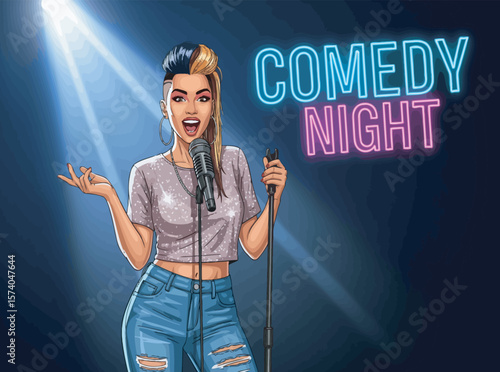 A confident female comedian owning the stage during a stand-up performance.