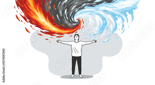 Conceptual illustration of a man embracing chaos and finding inner peace.