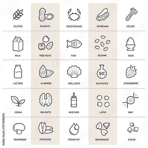 Food allergens set icon. Icons designed to represent the major food allergens clearly and effectively. The outline icons are well scalable and editable, good for different backgrounds. EPS10.