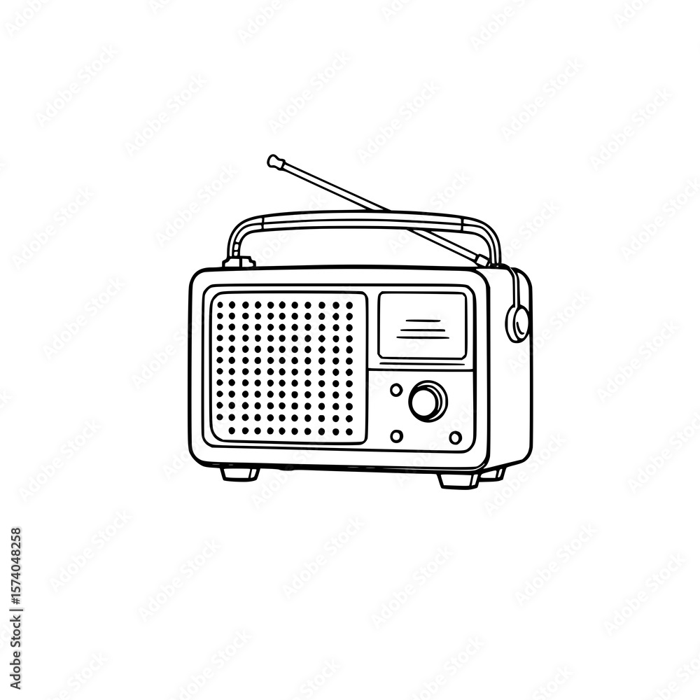 Obraz premium Vintage Radio Line Art: A classic monochrome illustration showcases a retro portable radio with its antenna extended, capturing a nostalgic feel.