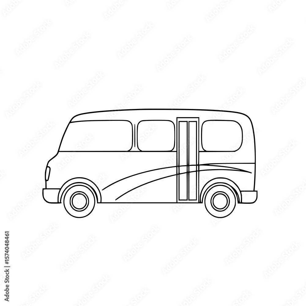 Simple Line Art Minibus Illustration: A clean, monochrome line drawing of a small passenger van, perfect for transportation themes or children's books. Simple Line Art Minibus Illustration: A clean, monochrome line drawing of a small passenger van, perfect for transportation themes or children's books.
