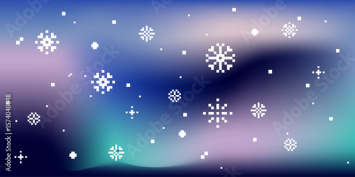 Aurora gradient background with retro 8 bit pixel snow, snowflakes and star pattern. Blue, green and purple color gradations. Abstract winter northern sky bg for modern digital design, poster, header