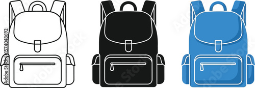 Three backpacks in different styles and colors isolated on a white background