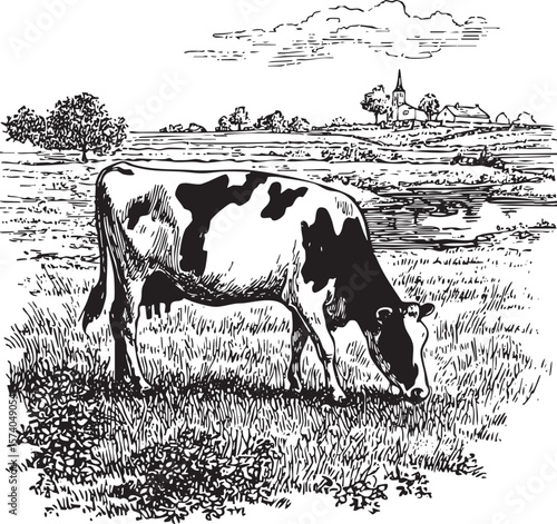 Grazing cow in a serene countryside landscape with a village