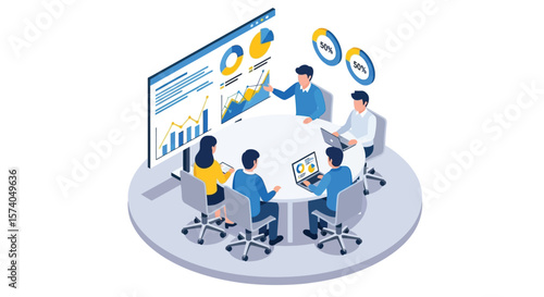Isometric illustration of a business meeting with data charts and presentations