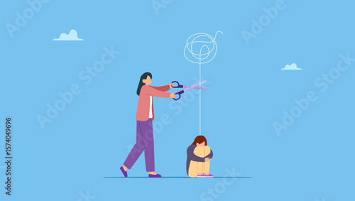 Psychologist using scissors to cut chaos messy balloon on patient. Reduce anxiety or stress, psychotherapy to cure mental health problem or depression, relaxation or relief to cure overworked.
