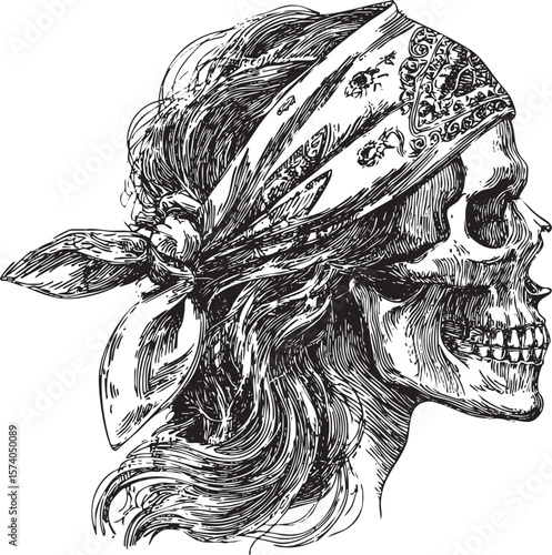 Pirate skull wearing bandana with flowing hair for design projects