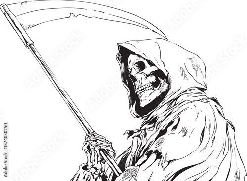 Grim reaper character in dark hood holding scythe for Halloween design
