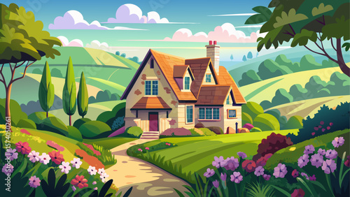 Charming farmhouse nestled in the lush green countryside of the Cotswolds during springtime, surrounded by blooming flowers and rolling hills in Gloucestershire, England.