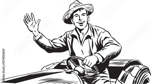 Farmer waving on tractor in rural landscape for agriculture theme