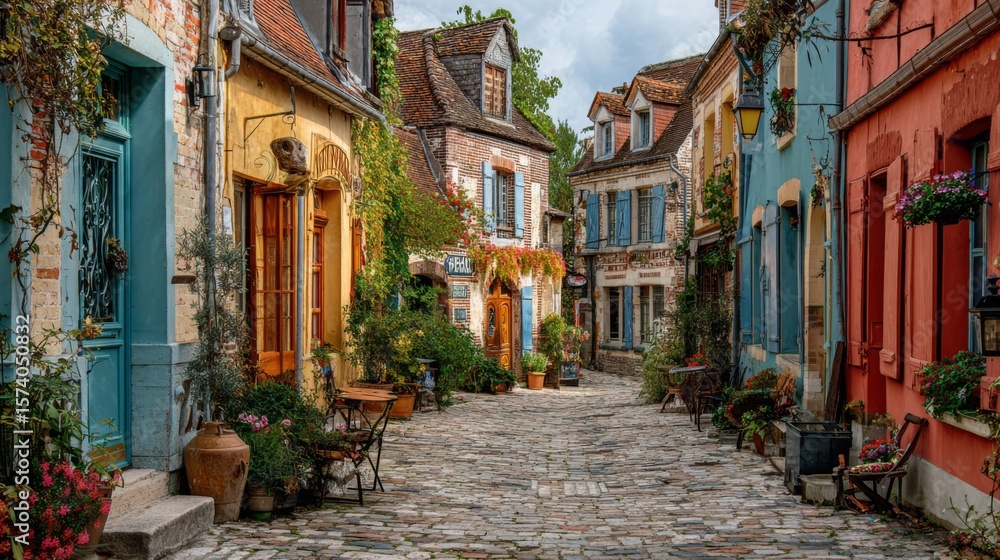 Fototapeta premium A charming European village with cobblestone streets and colorful houses.