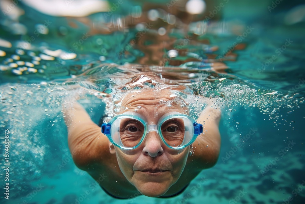 Naklejka premium Active senior woman enjoying a refreshing swim in clear turquoise water, wearing goggles for a better underwater view