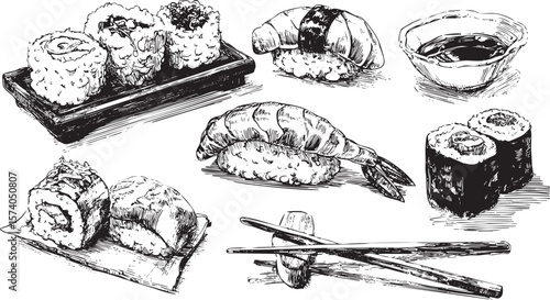 Sushi assortment rolls, nigiri, and sauces for dining