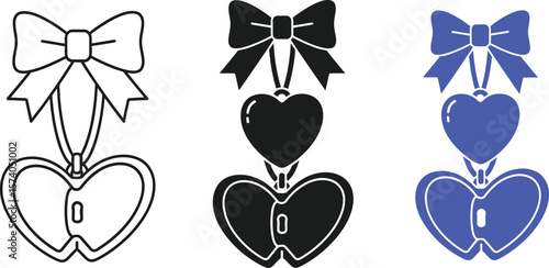 Three heart shaped lockets with bows in different styles and color schemes