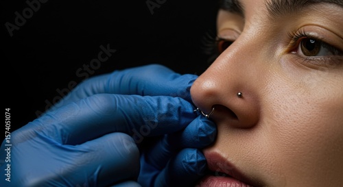 Young woman receiving a nose piercing with a gloved hand  