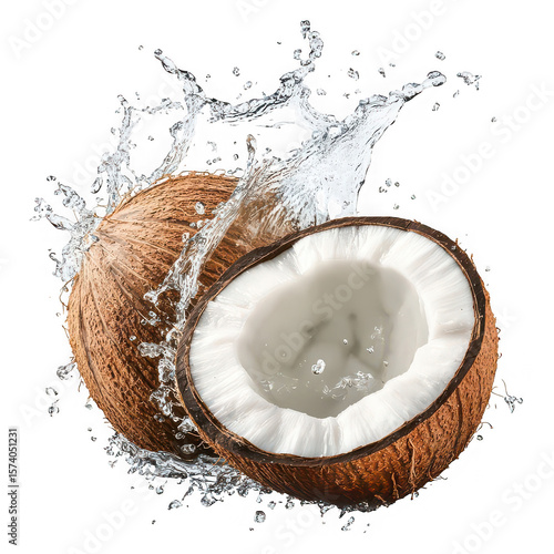 Whole and halved coconuts with splashing water whole coconut