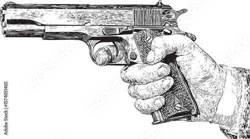 Classic hand holding a pistol in a vintage style illustration