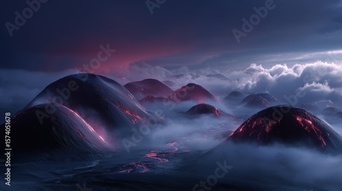 Glowing Hills in Foggy Night Landscape