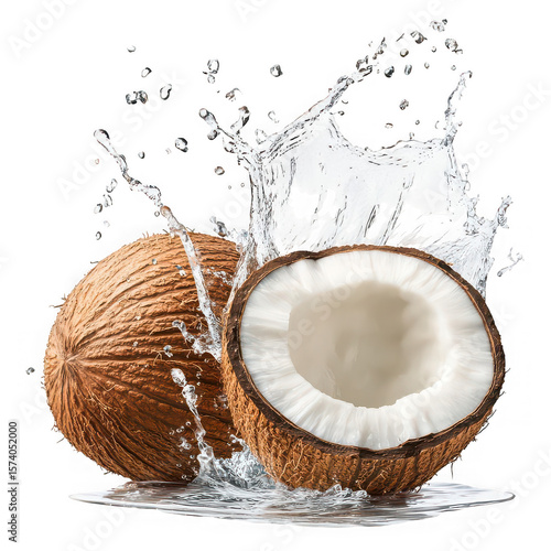 Whole and halved coconuts with splashing water whole coconut