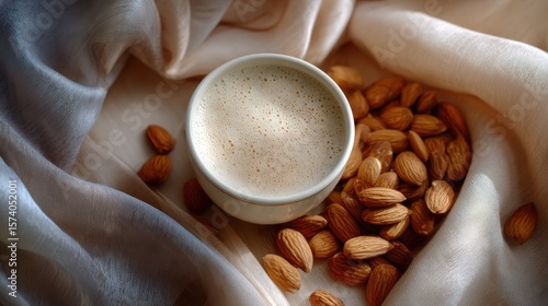 Creamy Almond Milk in White Bowl with Almonds and Beige Fabric