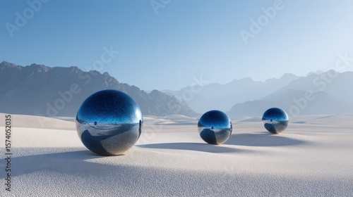 Three Metallic Blue Spheres Reflecting in a White Desert Landscape Under a Bright Sky