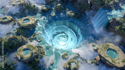 Aerial View of a Fantasy Landscape with a Blue Spiral Waterfall