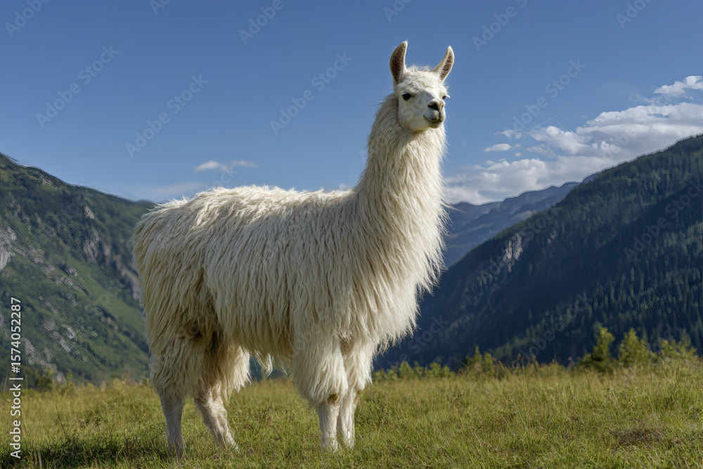 Fototapeta premium Fluffy Llama in Alpine Meadow.