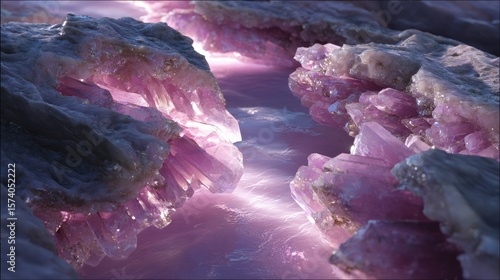 Glowing Pink and Purple Crystals in a Dark Cave