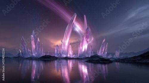 Glowing Purple Crystal Landscape Under a Starry Night Sky